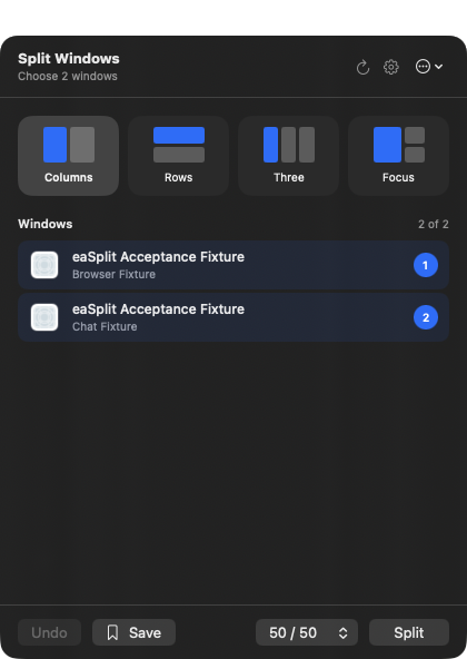 eaSplit picker with Browser Fixture and Chat Fixture selected for a 50/50 columns split